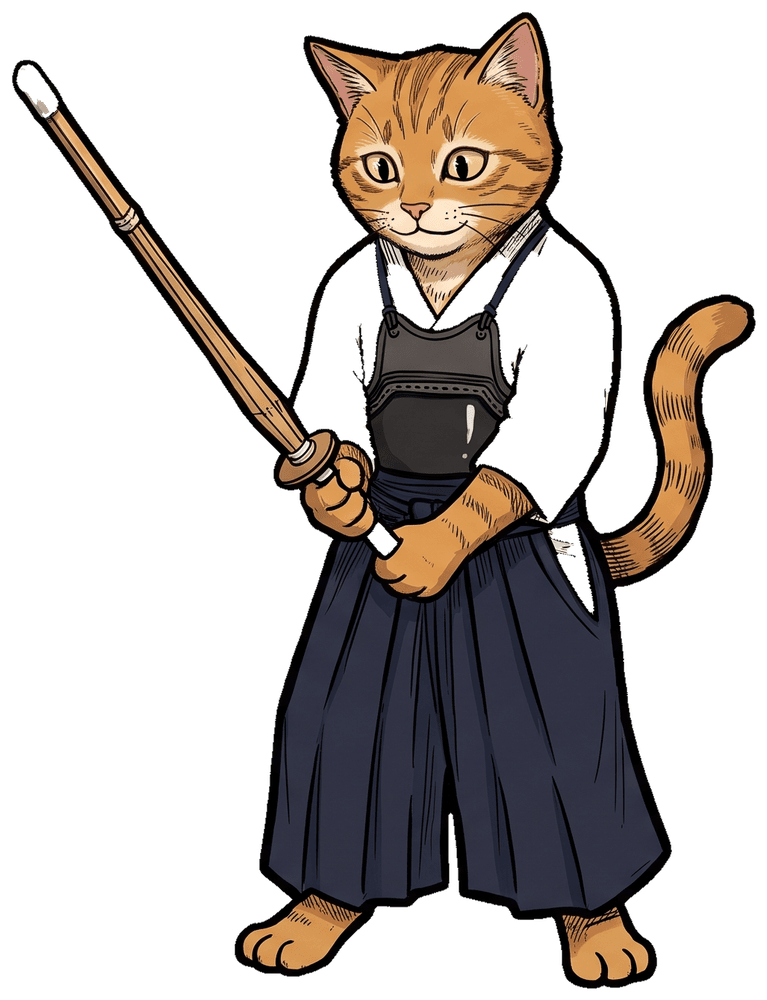 Orange tabby in a ready kendo stance holding a shinai