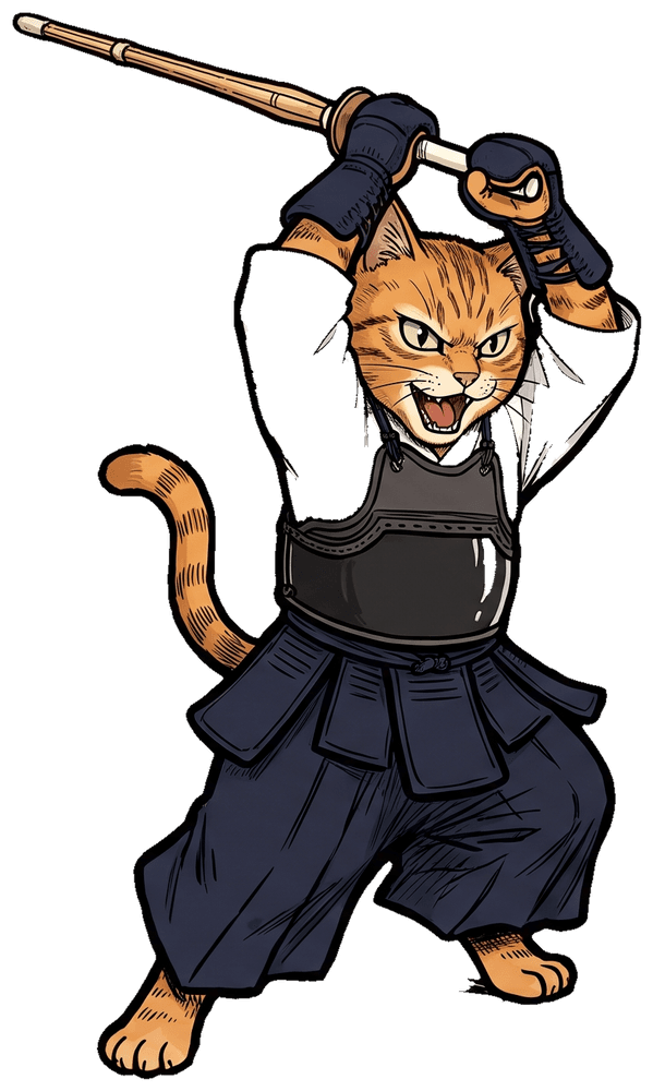 Orange tabby in kendo bogu mid overhead strike
