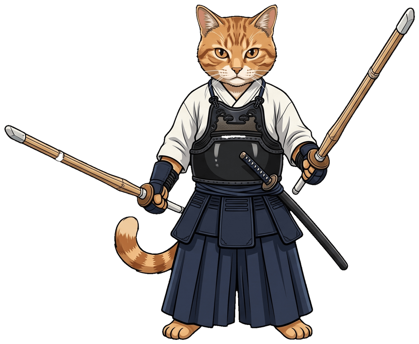 Nekko, the orange tabby kendo sensei, dual-wielding two shinai