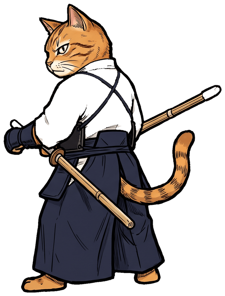 Orange tabby walking in, shinai resting on its shoulder