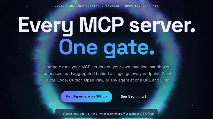 Hypergate’s site: “Every MCP server. One gate.” over a glowing gate ring