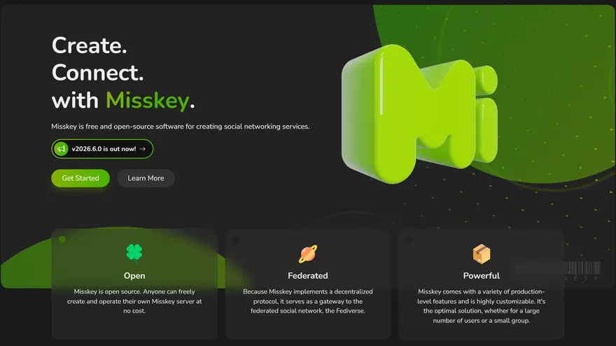 Misskey’s site: “Create. Connect. with Misskey.” beside its green 3D logo